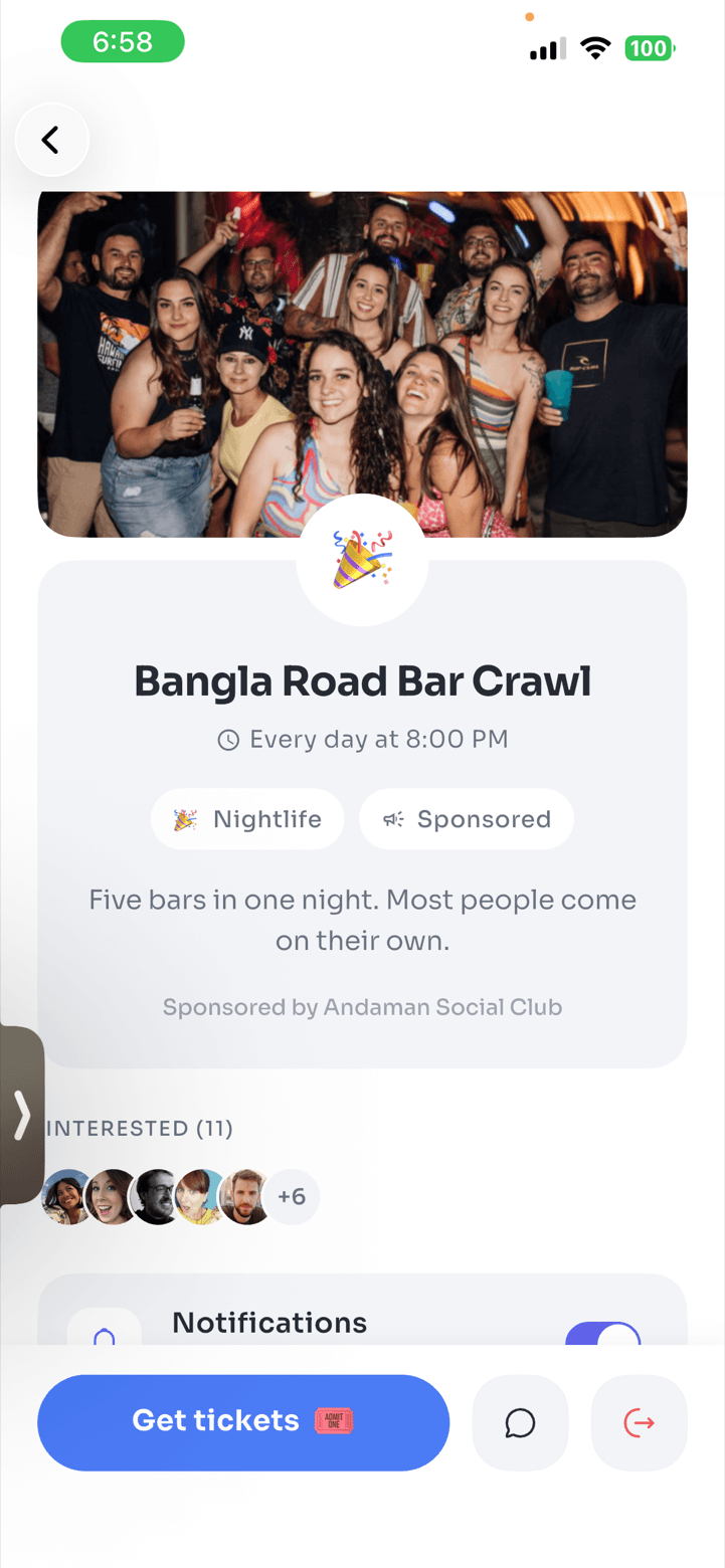 The MigoMap event page for a sponsored bar crawl, with photo, times, interested travelers and a Get tickets button