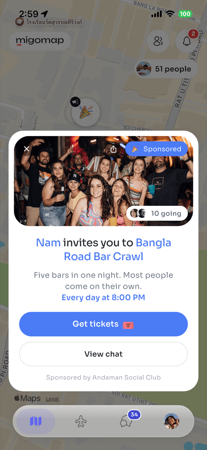 The MigoMap map with a sponsored card inviting travelers to a Bangla Road bar crawl